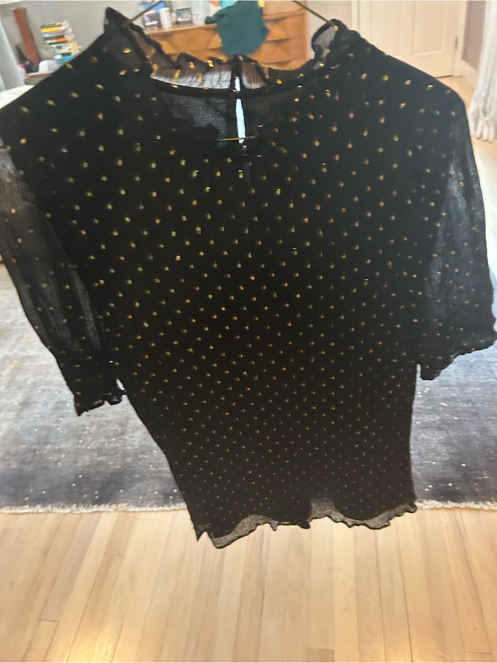 J. Crew Black Sheer Puff-Sleeve Blouse with Gold Dot Detail